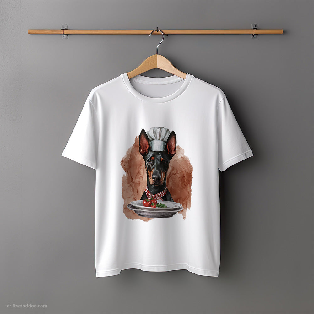 Dressed as a Chef Dobermann Serving Meals T-Shirt – Unisex Tee for Dog Lovers