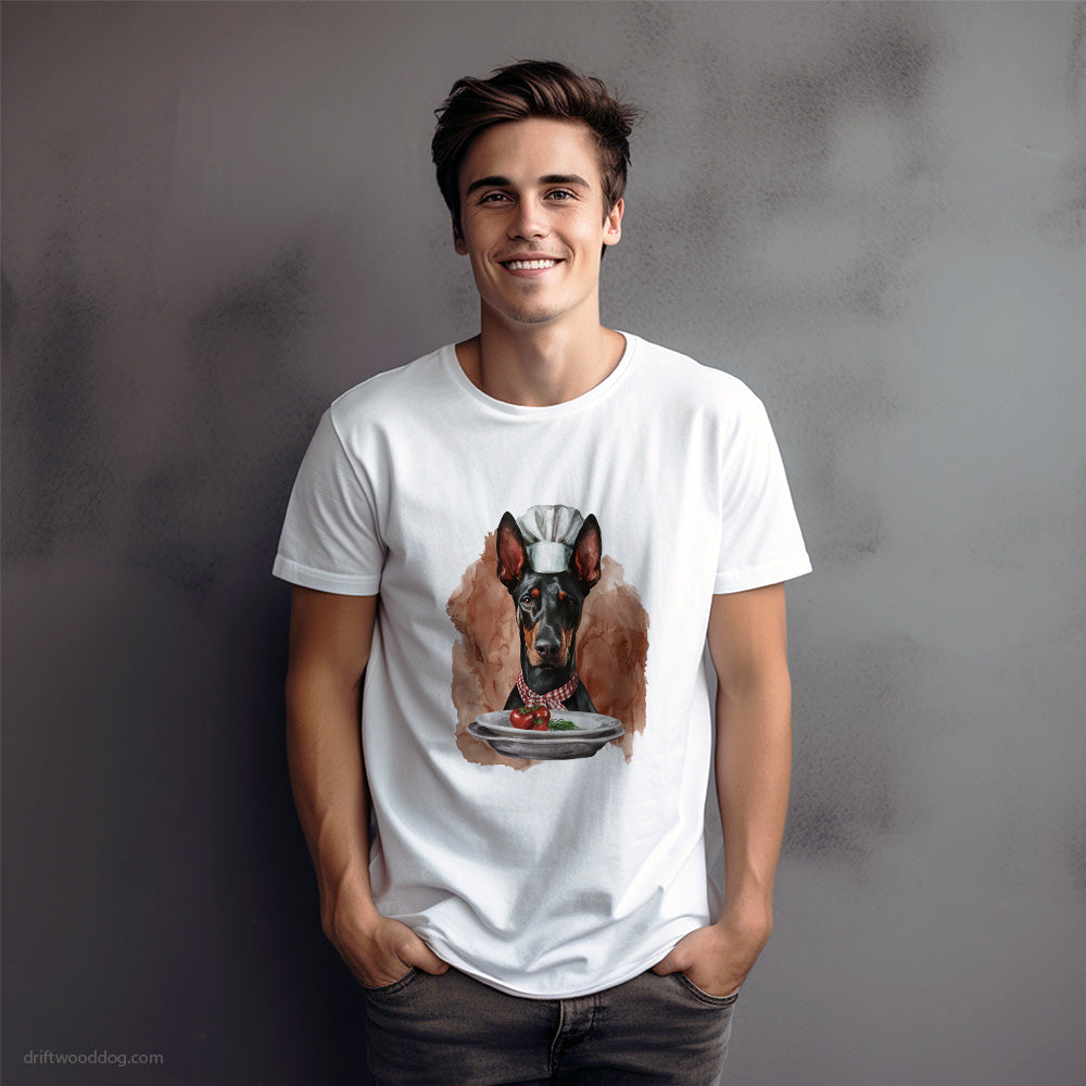 Dressed as a Chef Dobermann Serving Meals T-Shirt – Dog Graphic Tee for Men