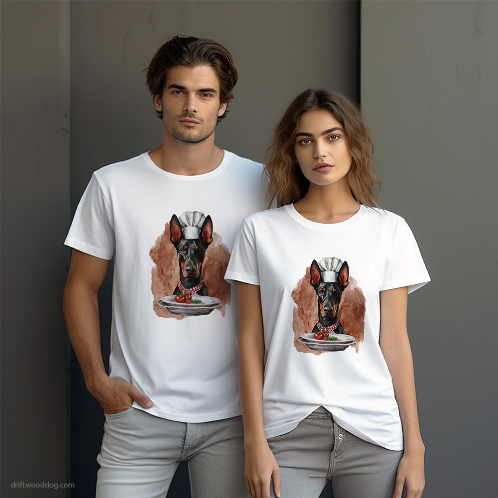 Dressed as a Chef Dobermann Serving Meals T-Shirt – Dog-Themed Gifts for Dog Lovers