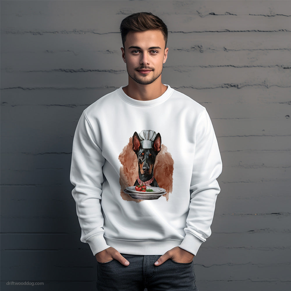 Dressed as a Chef Dobermann Serving Meals Sweatshirt – Unique Dog Sweatshirt for Men