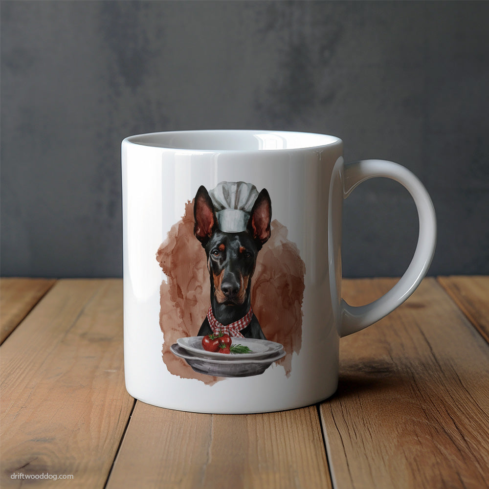 Dressed as a Chef Dobermann Serving Meals Mug – Unique Dog Cups | Dog-Themed Mugs