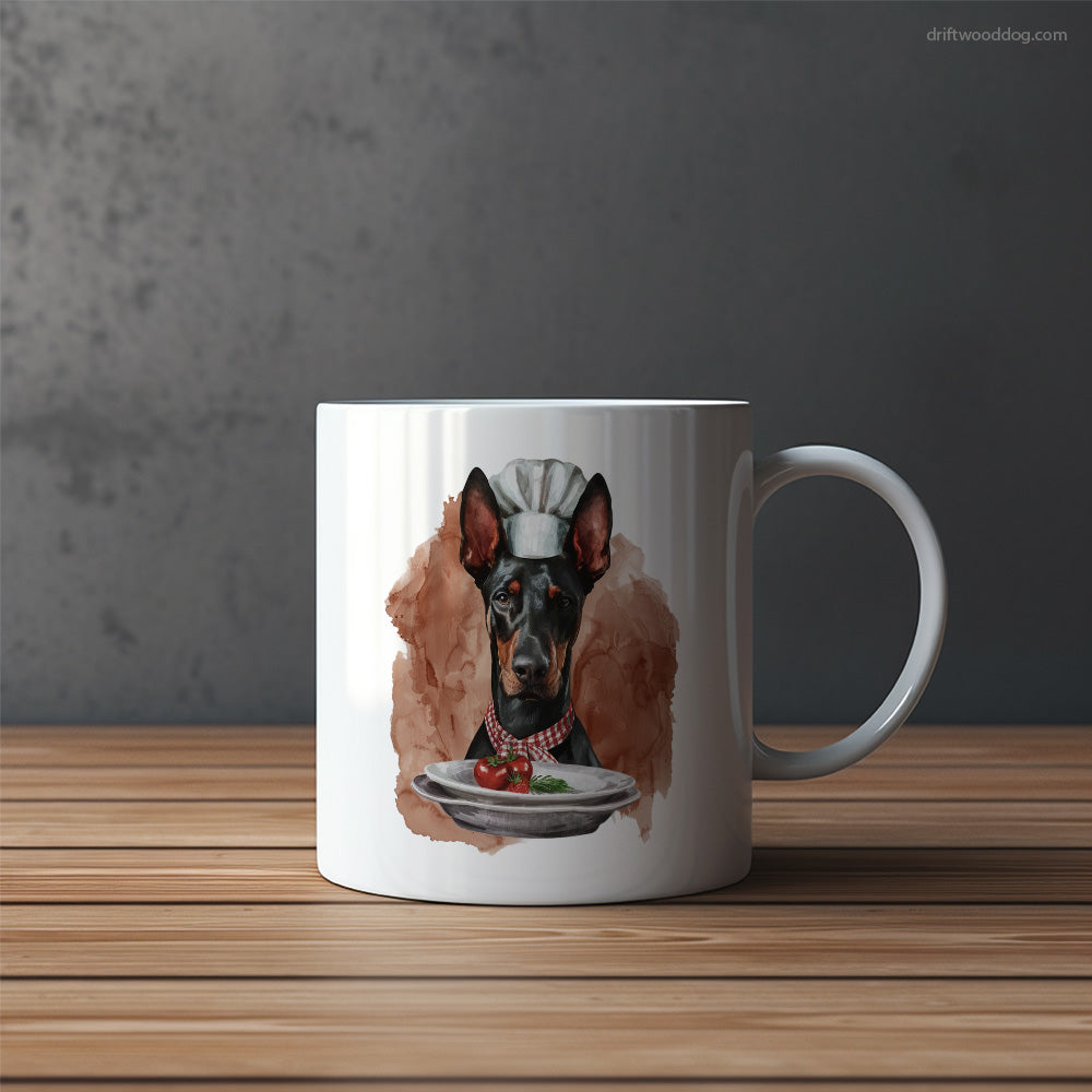 Dressed as a Chef Dobermann Serving Meals Mug – Funny Dog Coffee Mugs | Quirky Canine Drinkware