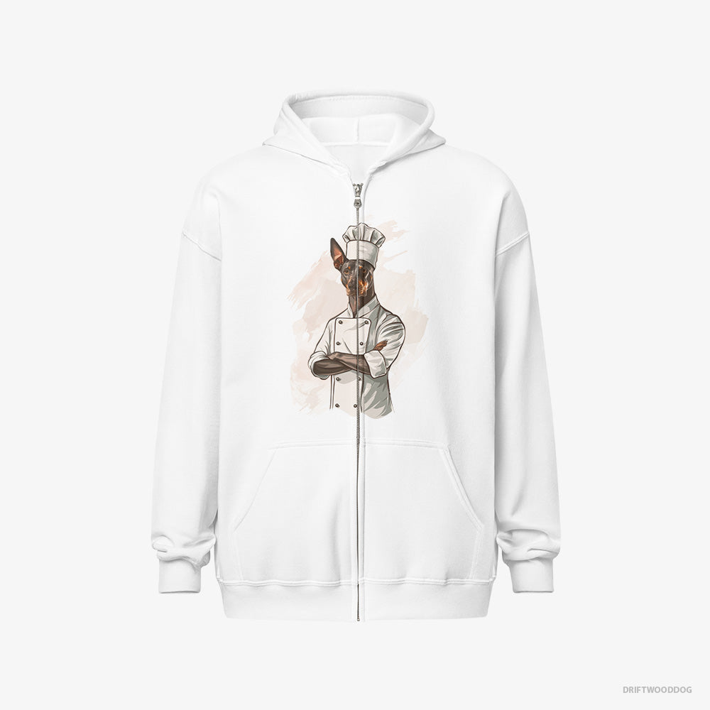 Dobermann Hoodie – Women White Hoodie Full-Zip – Dressed as a Chef (on White Background)