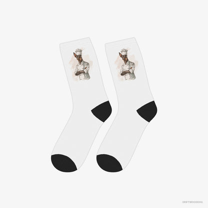 Dobermann Socks – Unisex White Socks Classic – Dressed as a Chef (on White Background)