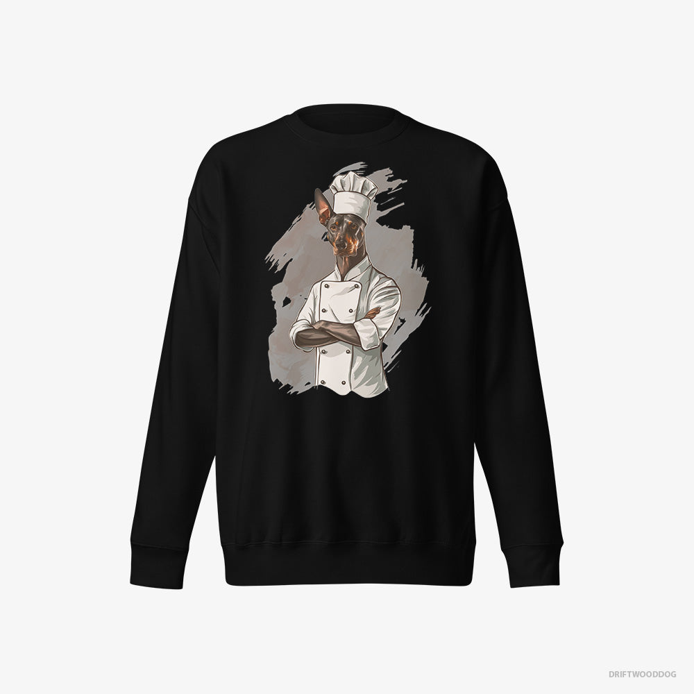 Dobermann Sweatshirt – Men Black Sweatshirt Eco-Friendly – Dressed as a Chef (on White Background)