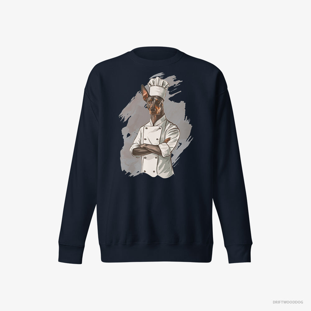 Dobermann Sweatshirt – Men Navy Sweatshirt Eco-Friendly – Dressed as a Chef (on White Background)