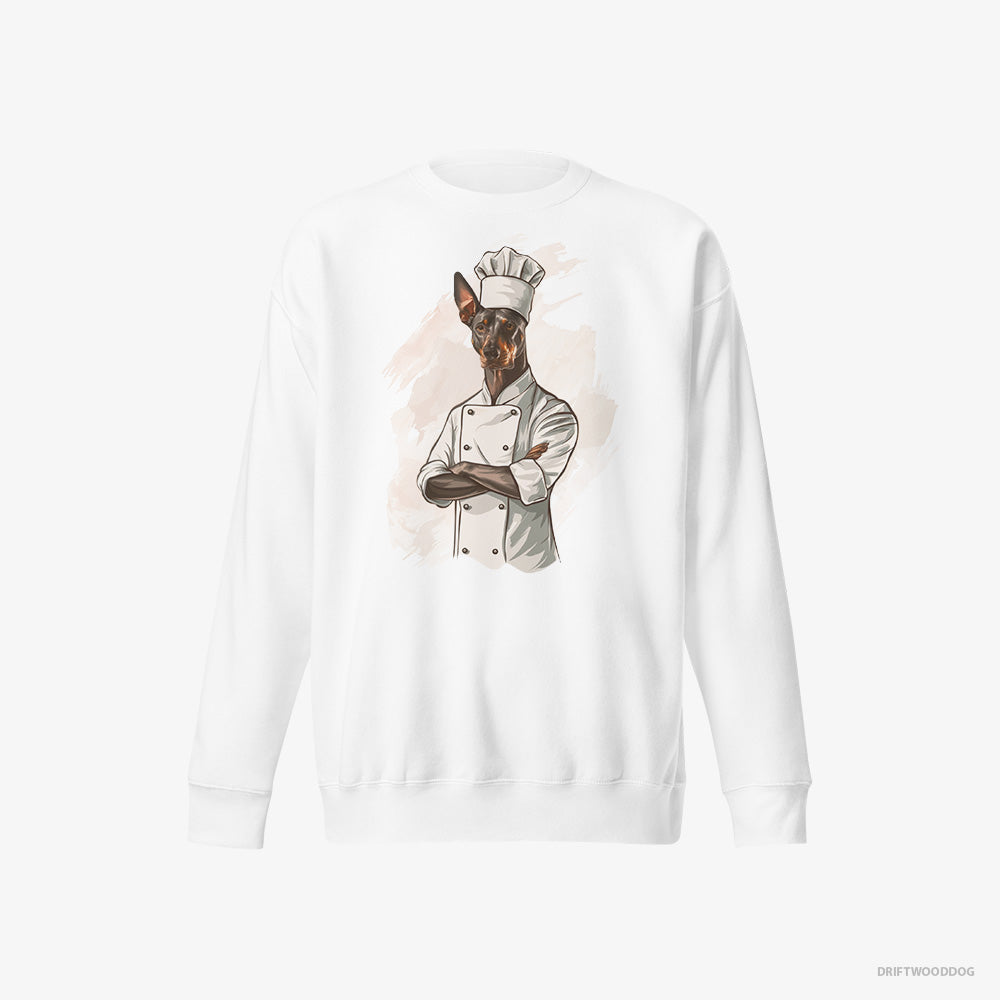 Dobermann Sweatshirt – Men White Sweatshirt Eco-Friendly – Dressed as a Chef (on White Background)