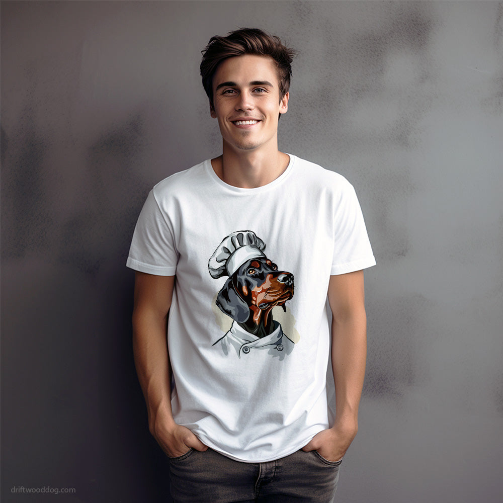 Dobermann Attired Like a Cook T-Shirt – Dog Graphic Tee for Men