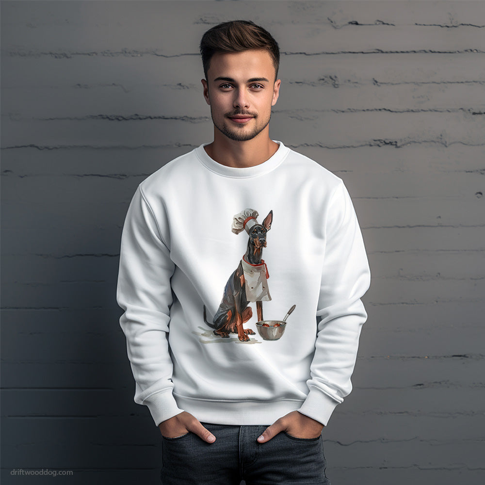 Funny Dobermann Ready for Some Cooking Sweatshirt – Unique Dog Sweatshirt for Men