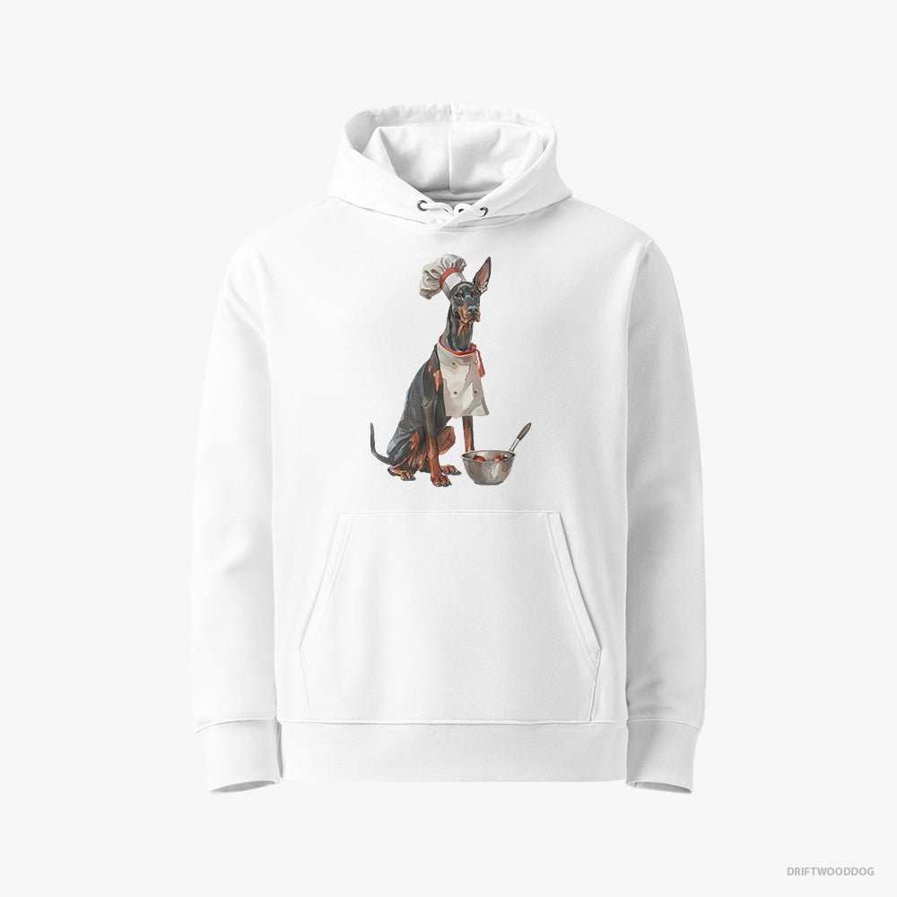 Dobermann Hoodie – Men White Hoodie Eco-Friendly – Ready for Some Cooking (on White Background)