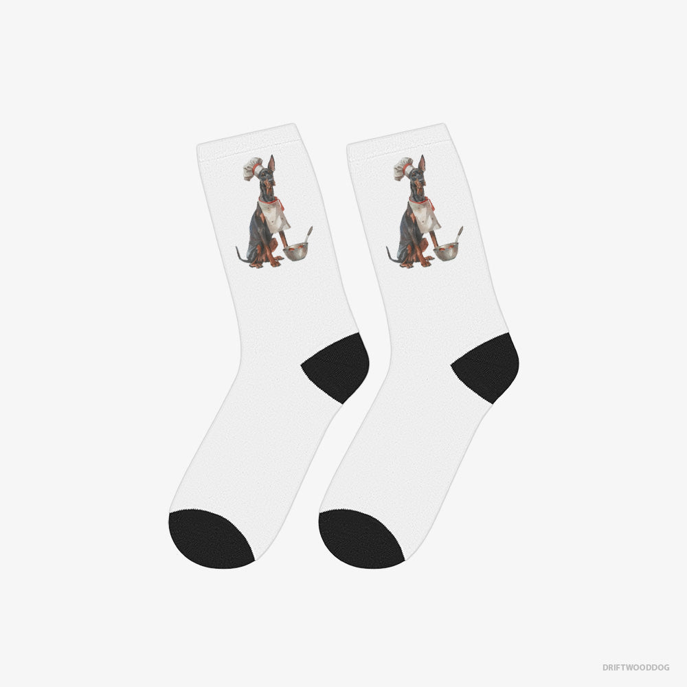 Dobermann Socks – Unisex White Socks Classic – Ready for Some Cooking (on White Background)