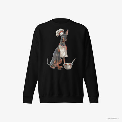 Dobermann Sweatshirt – Women Black Sweatshirt Eco-Friendly – Ready for Some Cooking (on White Background)