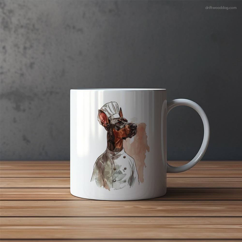 Dressed as a Chef Dobermann Dreaming about Cooking Mug – Funny Dog Coffee Mugs | Quirky Canine Drinkware