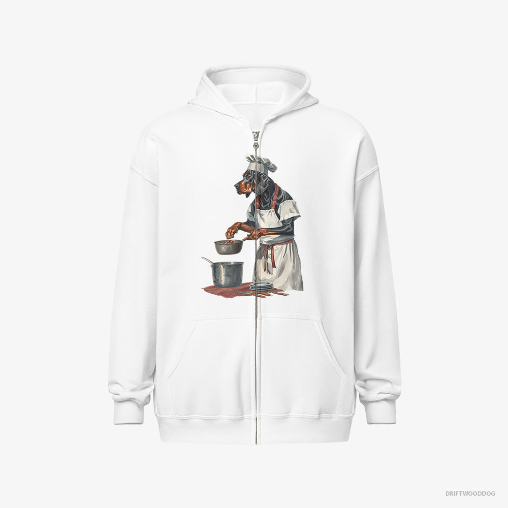 Dobermann Hoodie – Men White Hoodie Full-Zip – Cooking Strawberry Jam in the Kitchen (on White Background)