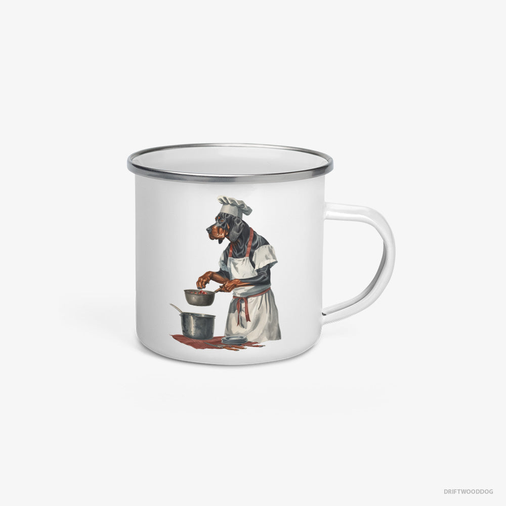 Dobermann Mug – Unisex White Mug Enamel – Cooking Strawberry Jam in the Kitchen (on White Background)