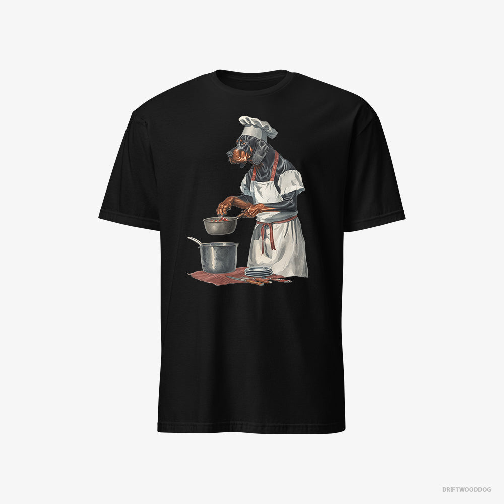 Dobermann T-Shirt – Men Black T-Shirt Classic – Cooking Strawberry Jam in the Kitchen (on White Background)