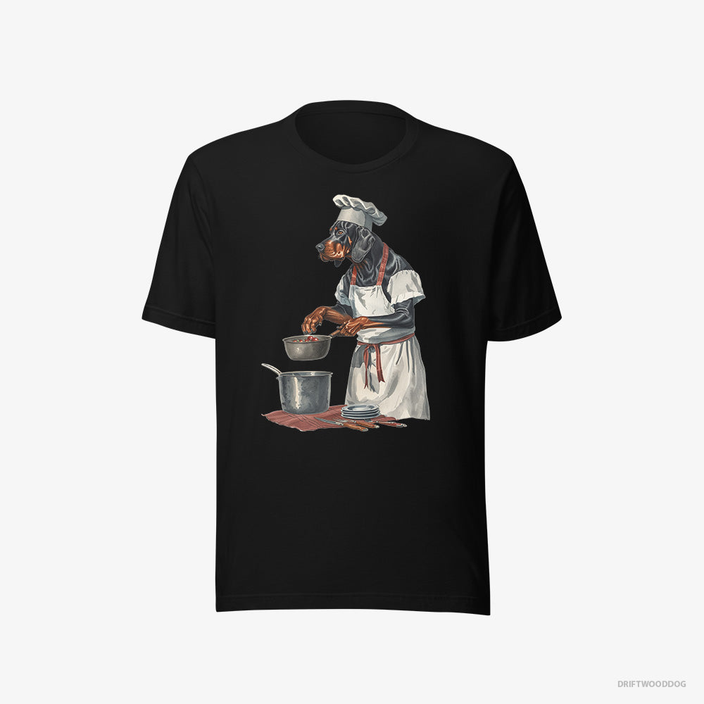 Dobermann T-Shirt – Men Black T-Shirt Eco-Friendly – Cooking Strawberry Jam in the Kitchen (on White Background)