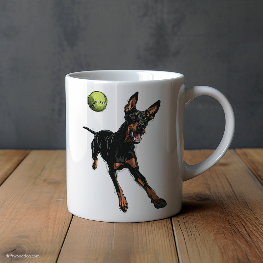 Dobermann Playing with a Tennis Ball Mug – Unique Dog Cups | Dog-Themed Mugs