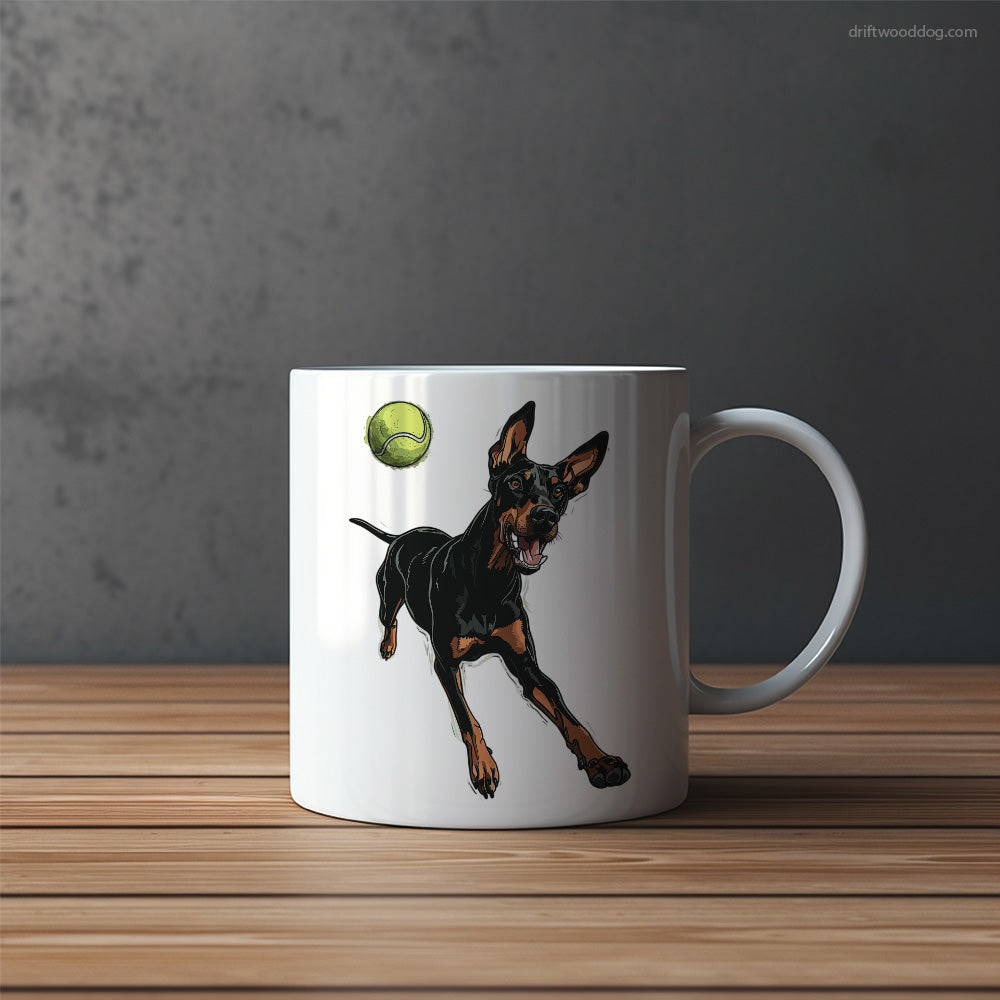 Dobermann Playing with a Tennis Ball Mug – Funny Dog Coffee Mugs | Quirky Canine Drinkware