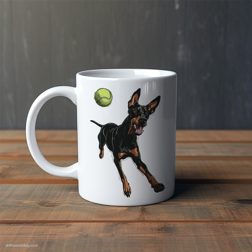 Dobermann Playing with a Tennis Ball Mug – Cute Dog-Themed Mugs | Perfect Gifts for Dog Lovers