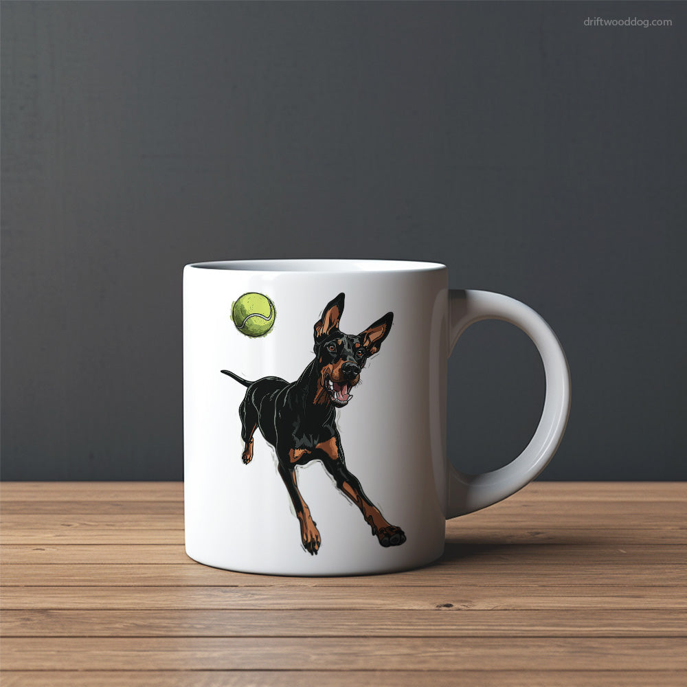 Dobermann Playing with a Tennis Ball Mug – Custom Dog Mugs | Personalized Pet Mugs