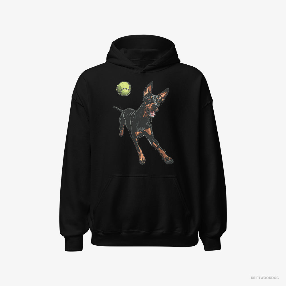 Dobermann Hoodie – Men Black Hoodie Classic – Playing with a Tennis Ball (on White Background)