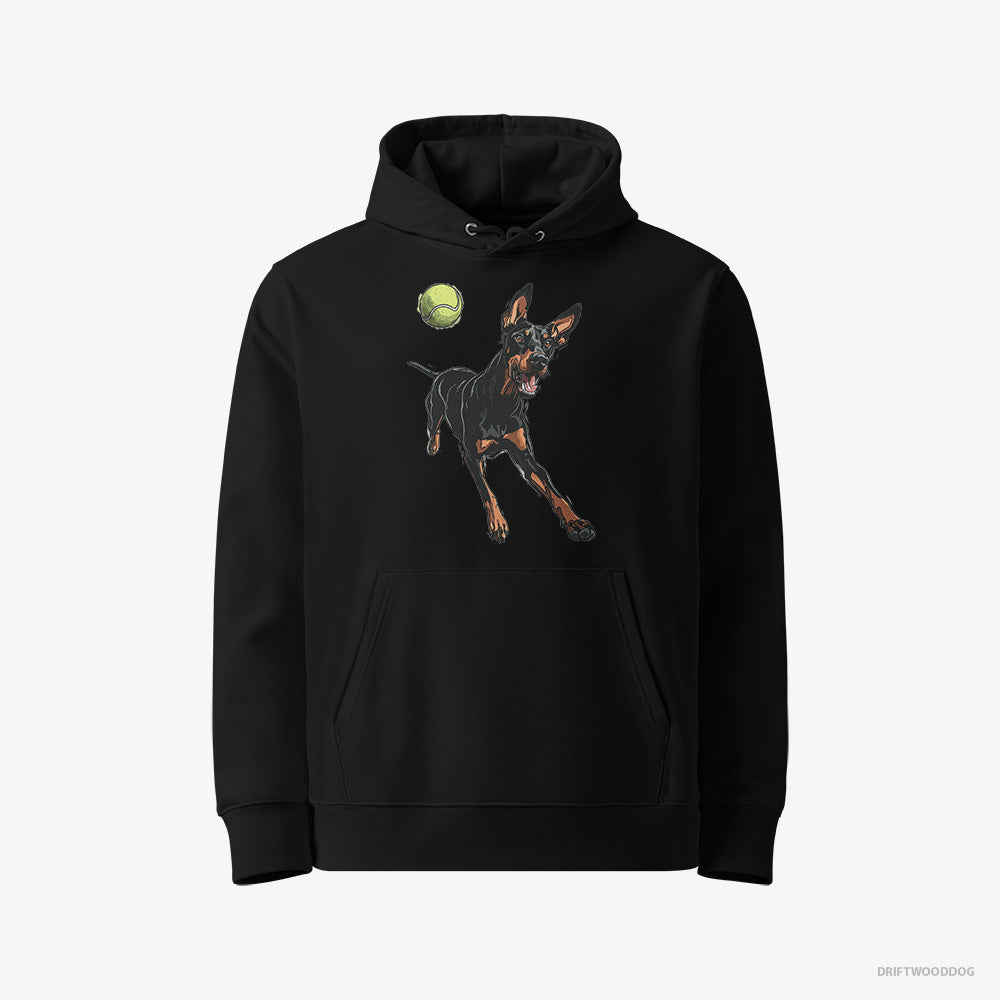 Dobermann Hoodie – Women Black Hoodie Eco-Friendly – Playing with a Tennis Ball (on White Background)