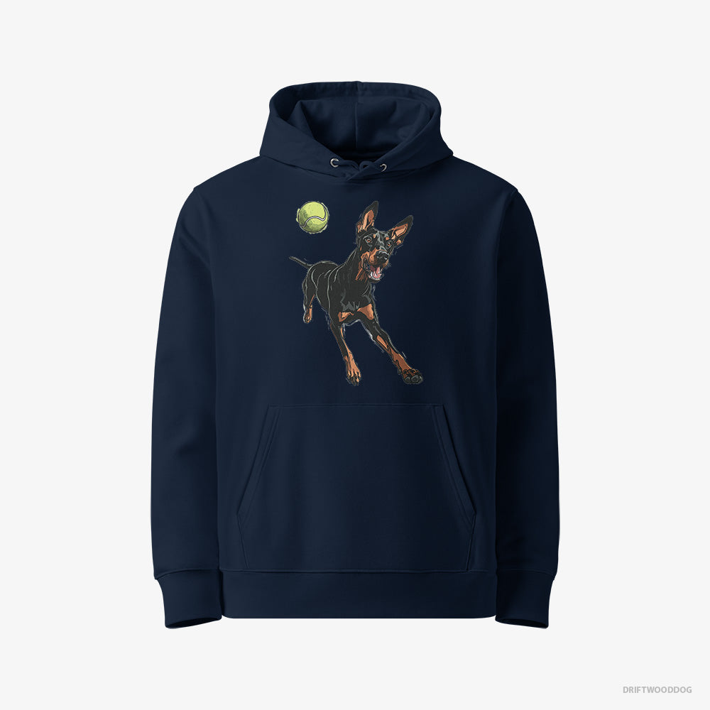 Dobermann Hoodie – Men Navy Hoodie Eco-Friendly – Playing with a Tennis Ball (on White Background)