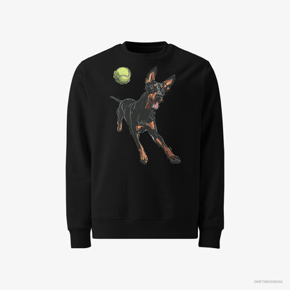 Dobermann Sweatshirt – Men Black Sweatshirt Classic – Playing with a Tennis Ball (on White Background)