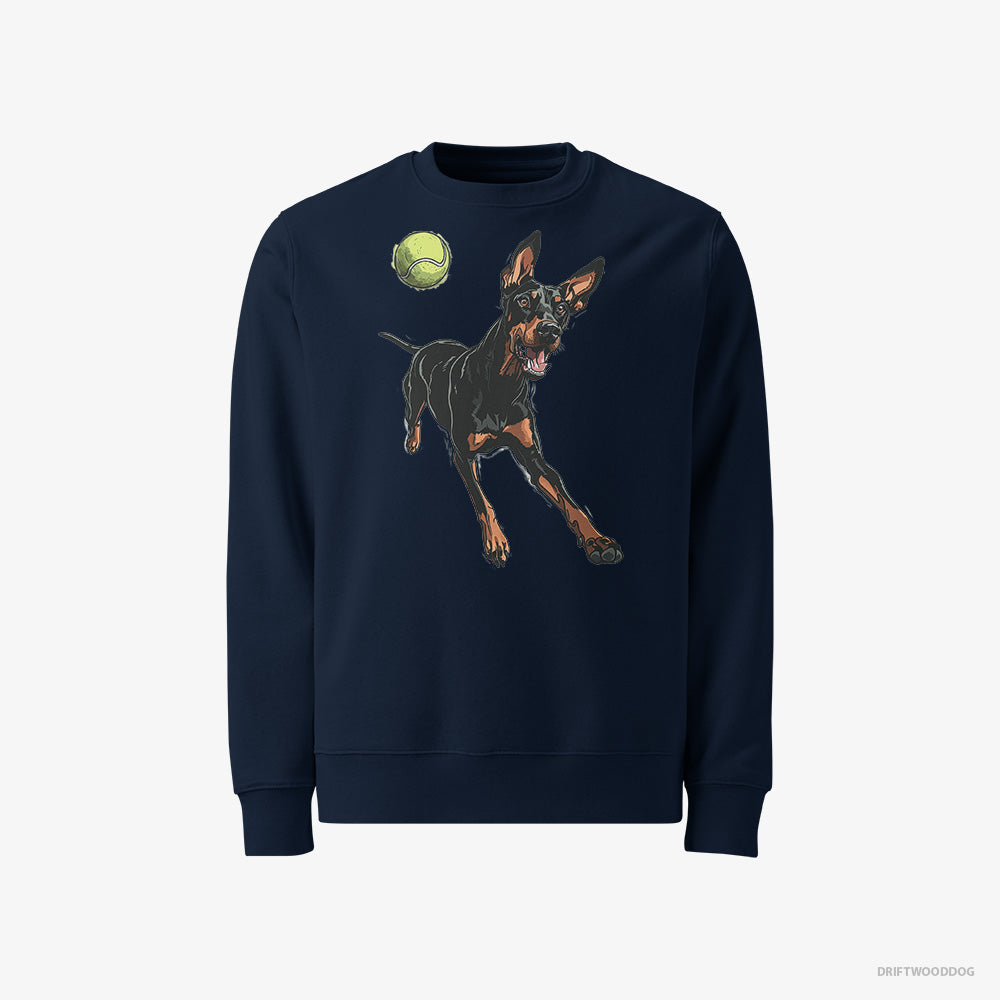 Dobermann Sweatshirt – Men Navy Sweatshirt Classic – Playing with a Tennis Ball (on White Background)