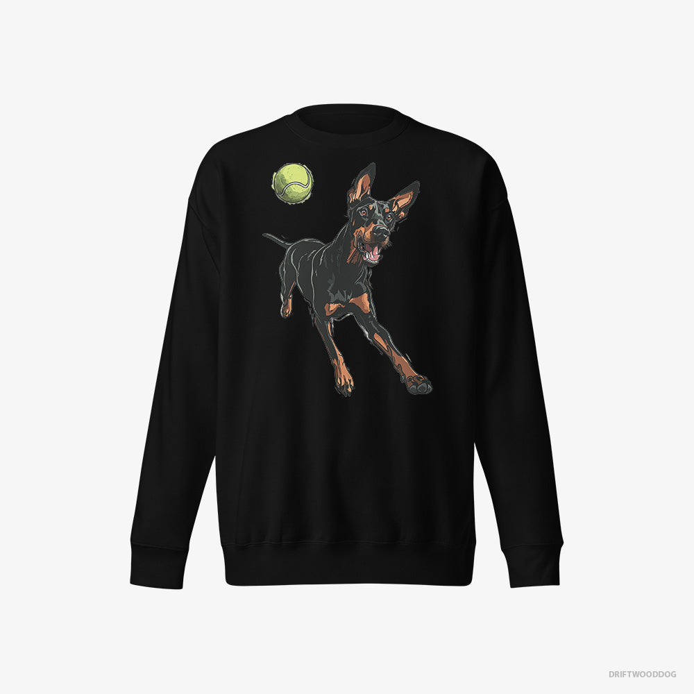 Dobermann Sweatshirt – Men Black Sweatshirt Eco-Friendly – Playing with a Tennis Ball (on White Background)