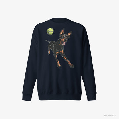 Dobermann Sweatshirt – Men Navy Sweatshirt Eco-Friendly – Playing with a Tennis Ball (on White Background)