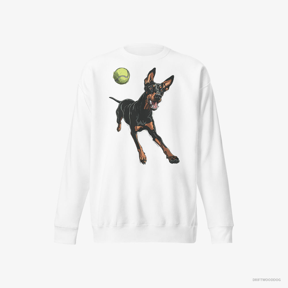 Dobermann Sweatshirt – Women White Sweatshirt Eco-Friendly – Playing with a Tennis Ball (on White Background)