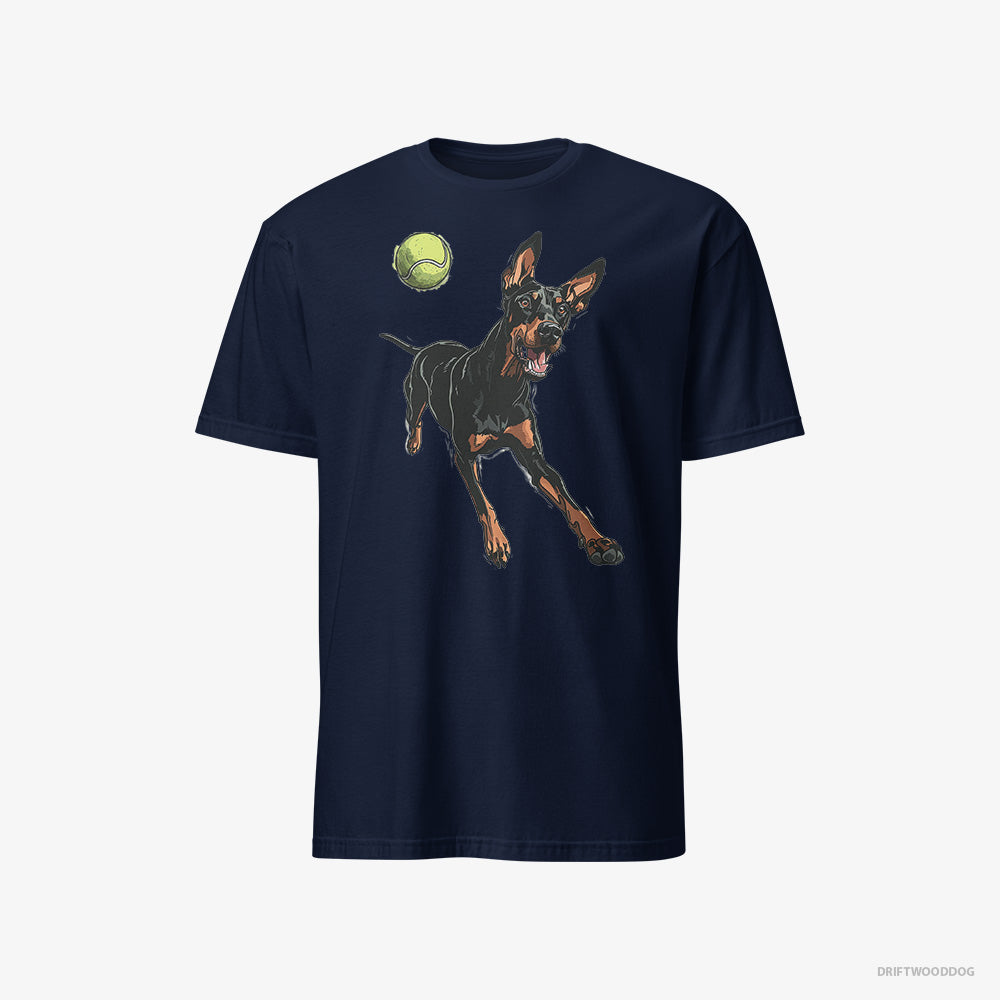 Dobermann T-Shirt – Men Navy T-Shirt Classic – Playing with a Tennis Ball (on White Background)