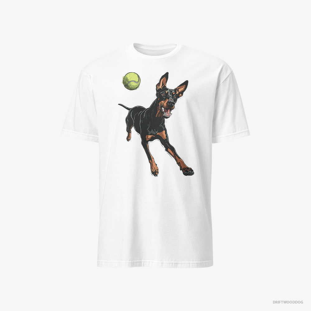 Dobermann T-Shirt – Men White T-Shirt Classic – Playing with a Tennis Ball (on White Background)