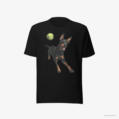 Dobermann T-Shirt – Men Black T-Shirt Eco-Friendly – Playing with a Tennis Ball (on White Background)