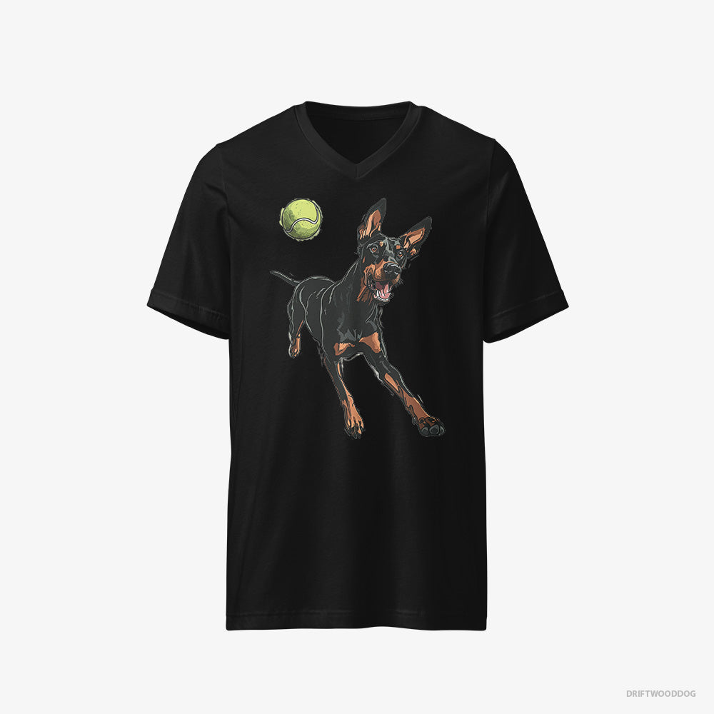 Dobermann T-Shirt – Men Black T-Shirt V-Neck – Playing with a Tennis Ball (on White Background)