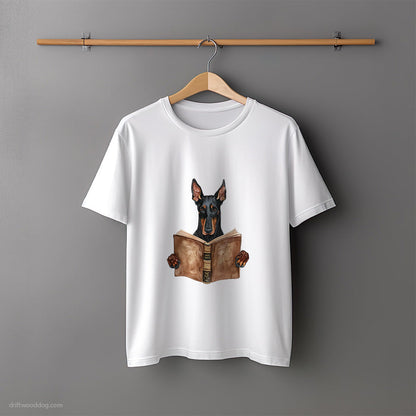 Dobermann Reading a Book T-Shirt – Unisex Tee for Dog Lovers