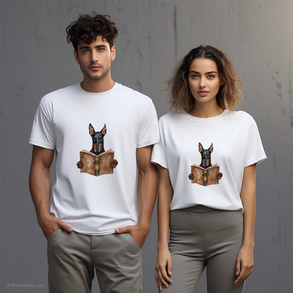 Dobermann Reading a Book T-Shirt – Unisex T-Shirt for Dog Lovers 