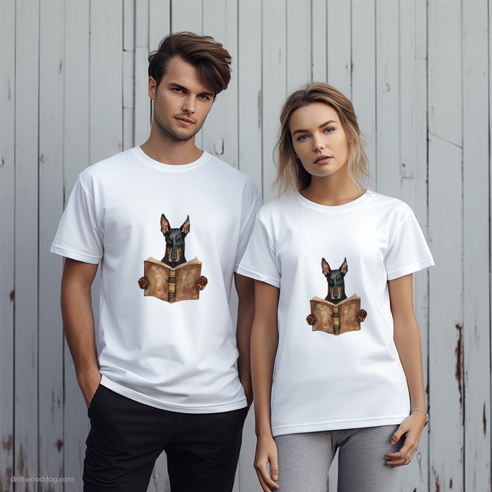 Dobermann Reading a Book T-Shirt – Unique Dog T-Shirts for Pet Lovers