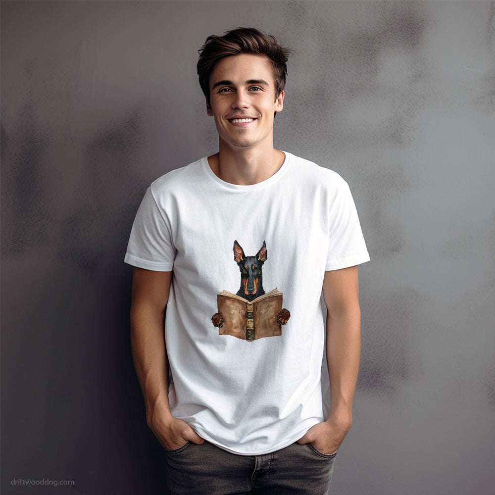 Dobermann Reading a Book T-Shirt – Dog Graphic Tee for Men