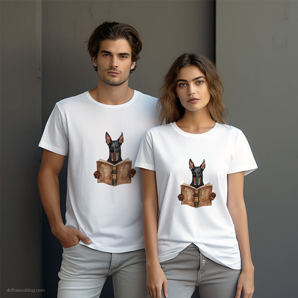 Dobermann Reading a Book T-Shirt – Dog-Themed Gifts for Dog Lovers