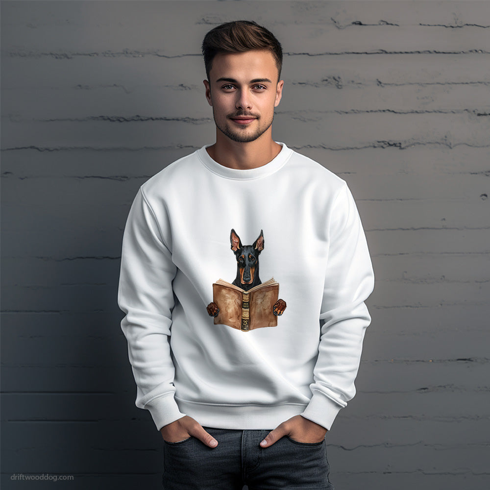 Dobermann Reading a Book Sweatshirt – Unique Dog Sweatshirt for Men