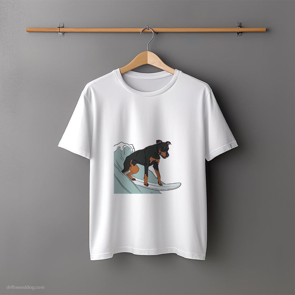 Dobermann Surfing on a Board T-Shirt – Unisex Tee for Dog Lovers