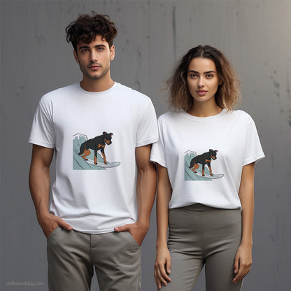 Dobermann Surfing on a Board T-Shirt – Unisex T-Shirt for Dog Lovers 