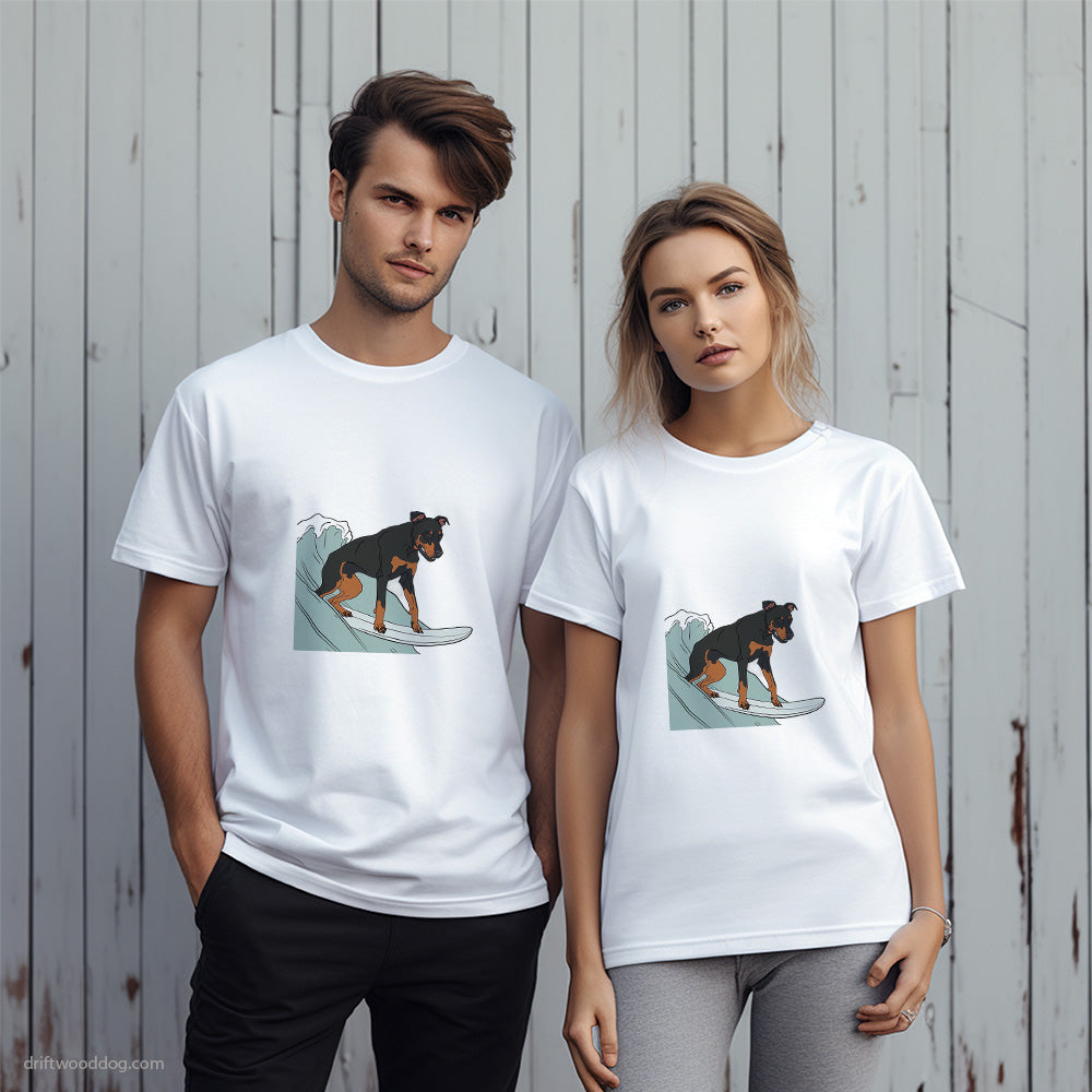 Dobermann Surfing on a Board T-Shirt – Unique Dog T-Shirts for Pet Lovers