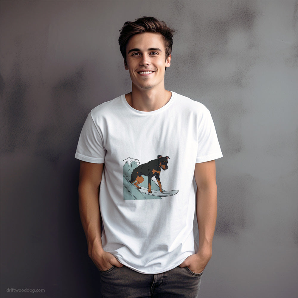 Dobermann Surfing on a Board T-Shirt – Dog Graphic Tee for Men