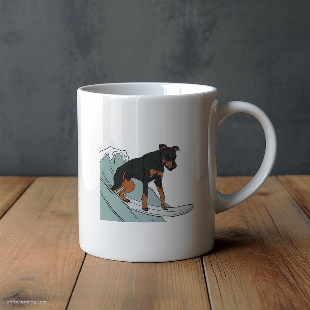 Dobermann Surfing on a Board Mug – Unique Dog Cups | Dog-Themed Mugs