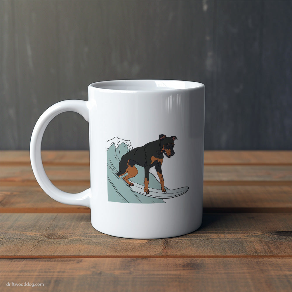 Dobermann Surfing on a Board Mug – Cute Dog-Themed Mugs | Perfect Gifts for Dog Lovers