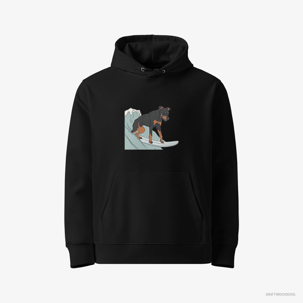 Dobermann Hoodie – Women Black Hoodie Eco-Friendly – Surfing on a Board (on White Background)